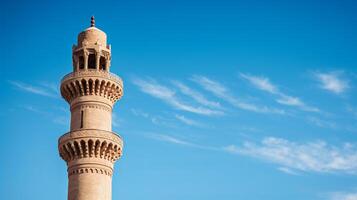 ai generato un' minareto contro un' chiaro blu cielo. generativo ai foto