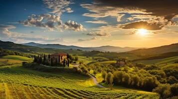 ai generato un' panoramico Visualizza di un' sereno campagna. generativo ai foto