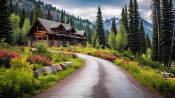 ai generato un' strada principale per un' accogliente cabina nel il montagne. generativo ai foto