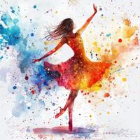ai generato danza ragazza con colorato macchie e spruzzi acquerello illustrazione. foto