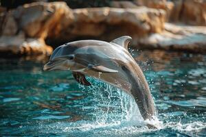 ai generato delfino salto su di acqua foto