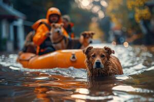 ai generato cane nel acqua con zattera foto