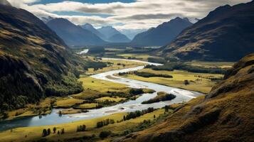 ai generato un' valle con un' dolce fiume avvolgimento attraverso esso. generativo ai foto