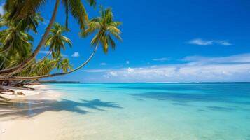 ai generato un' tropicale spiaggia con palma alberi e chiaro blu acque. generativo ai foto