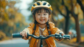 ai generato giovane ragazza equitazione bicicletta su strada foto