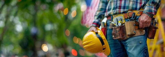 ai generato costruzione lavoratore con difficile cappello e attrezzo cintura foto