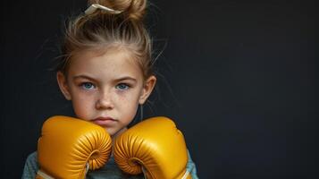 ai generato giovane ragazza nel giallo boxe guanti foto