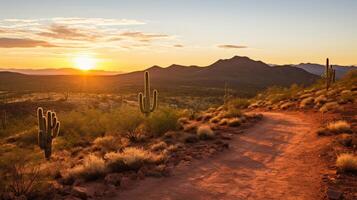 ai generato sporco strada con cactus e montagne nel il sfondo. generativo ai foto