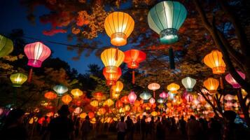 ai generato raggiante lanterne illuminazione su un' notte Festival. generativo ai foto