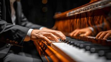 ai generato persona giocando pianoforte nel buio camera foto