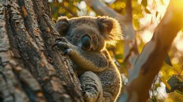 ai generato koala riposo con occhi chiuso nel albero foto