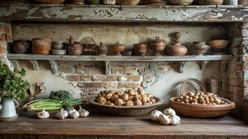 ai generato rustico cucina traboccante con pentole e pentole foto