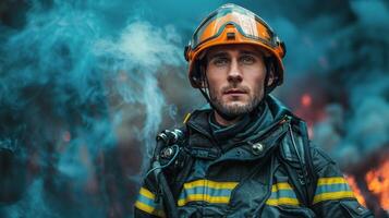 ai generato vigile del fuoco nel uniforme e casco foto