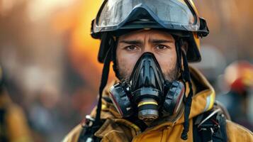 ai generato vigile del fuoco nel uniforme e casco foto