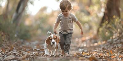 ai generato poco ragazzo a piedi con cane nel boschi foto