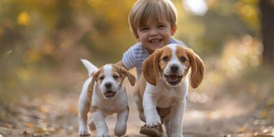 ai generato poco ragazzo a piedi con cane nel boschi foto