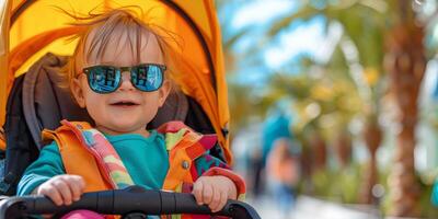 ai generato piccolo bambino nel occhiali da sole equitazione nel passeggino foto