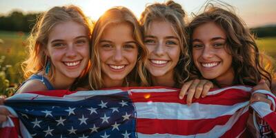 ai generato Due giovane ragazze abbracciare nel campo foto