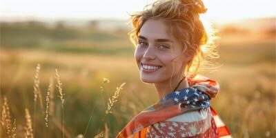 ai generato donna sorridente nel campo foto