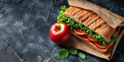 ai generato fresco Sandwich con lattuga, pomodoro, formaggio, e Mela foto