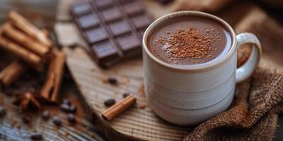 ai generato caldo cioccolato tazza su di legno tavolo foto