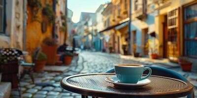 ai generato caffè tazza su di legno tavolo foto