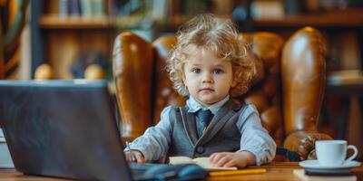 ai generato giovane ragazzo seduta nel sedia con il computer portatile foto