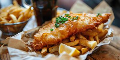 ai generato pesce e patatine fritte con lato di patatine fritte foto