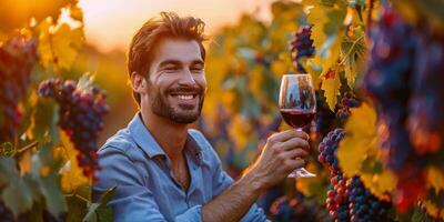 ai generato uomo Tenere bicchiere di vino nel vigneto foto