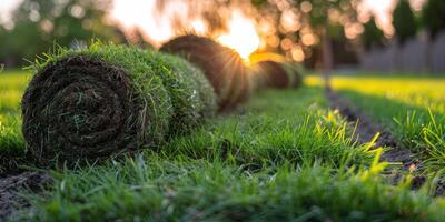 ai generato erba rotolo su lussureggiante verde campo foto