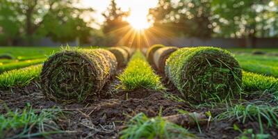 ai generato erba rotolo su lussureggiante verde campo foto