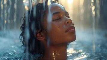 ai generato donna in piedi sotto un' acqua doccia foto