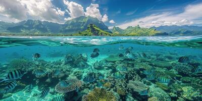ai generato subacqueo Visualizza di corallo scogliera con piccolo isola foto