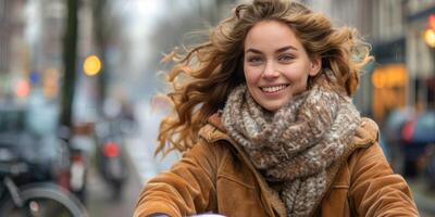 ai generato donna equitazione bicicletta giù città strada foto