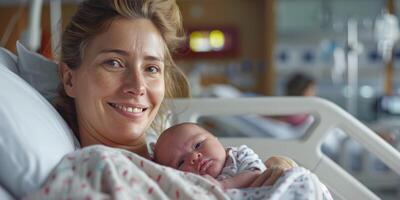 ai generato donna Tenere bambino nel ospedale letto foto