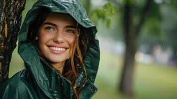 ai generato un' bellissimo giovane donna nel un' verde impermeabile sembra su a partire dal dietro a un' albero nel il parco foto