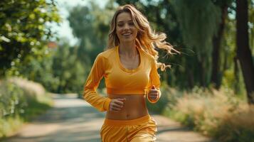 ai generato un' bellissimo giovane donna nel un' minimalista luminosa fitness completo da uomo corre lungo un' sentiero nel un' verde parco nel il città centro. foto