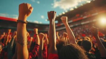 ai generato calcio fan Tenere pugni a un' stadio foto