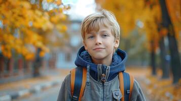 ai generato un' bello biondo ragazzo di otto anni vecchio è a piedi lungo un' largo strada per scuola foto