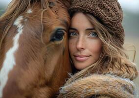 ai generato un' donna Tenere un' cavallo mentre sorridente nel un' cappello foto