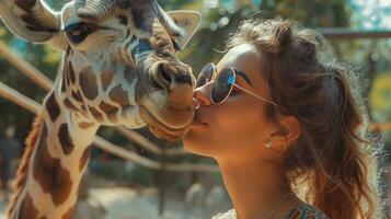 ai generato giovane bellissimo donna alimentazione un' giraffa nel il zoo foto