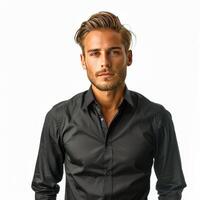 ai generato uomo nel nero camicia in posa per immagine foto