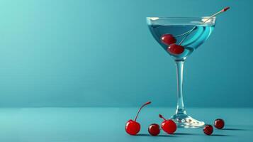 ai generato Martini bicchiere con blu liquido e ciliegie foto