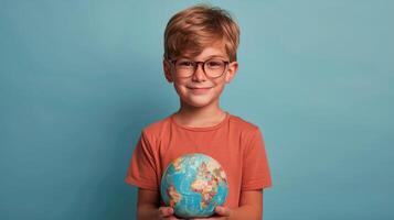 ai generato giovane ragazzo Tenere globo nel mani foto