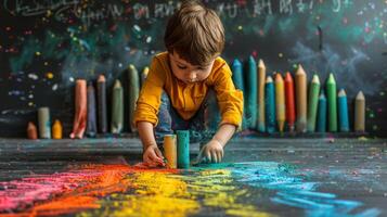 ai generato poco ragazzo giocando con colorato pastelli foto