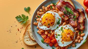 ai generato piatto di Bacon, uova, fagioli, e caffè foto