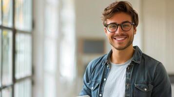 ai generato uomo con bicchieri Tenere tavoletta foto