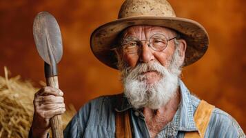 ai generato barbuto uomo con cappello Tenere spatola foto