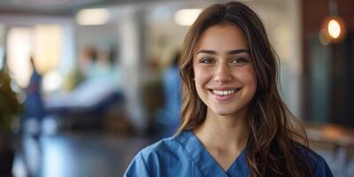 ai generato sorridente donna nel scrub foto