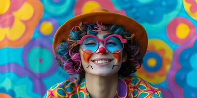 ai generato bambino con clown trucco e clown cappello foto